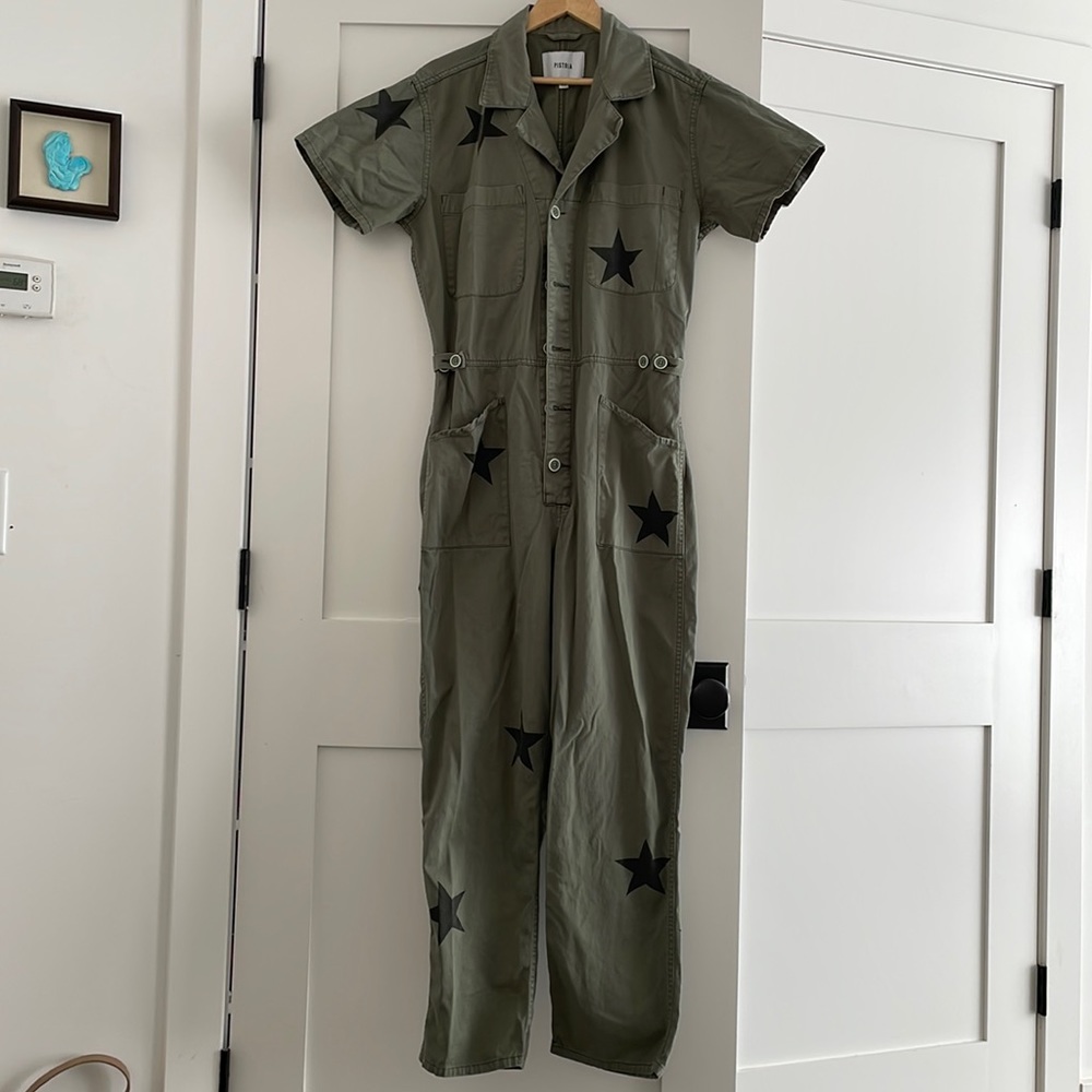 pistola Olive Green Star-Print Short-Sleeve Jumpsuit